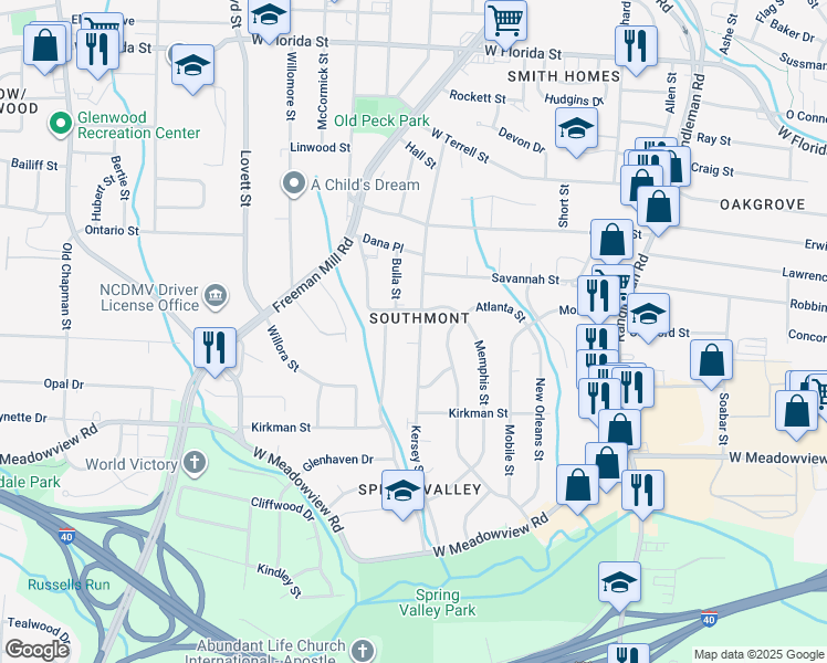 map of restaurants, bars, coffee shops, grocery stores, and more near 2308 Kersey Street in Greensboro