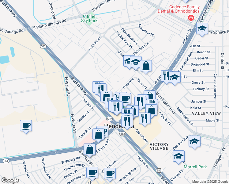 map of restaurants, bars, coffee shops, grocery stores, and more near 301 Taylor Street in Henderson