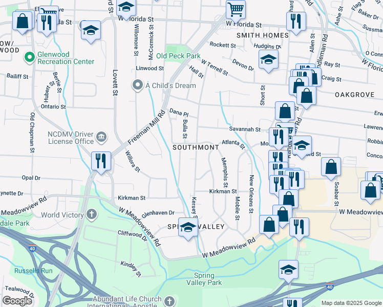 map of restaurants, bars, coffee shops, grocery stores, and more near 2308 Kersey Street in Greensboro