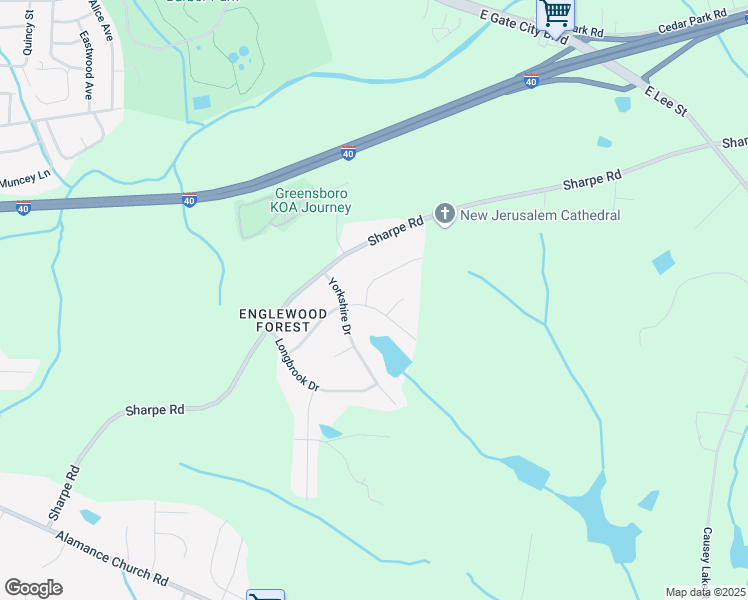 map of restaurants, bars, coffee shops, grocery stores, and more near 2401 Beaverbrook Drive in Greensboro