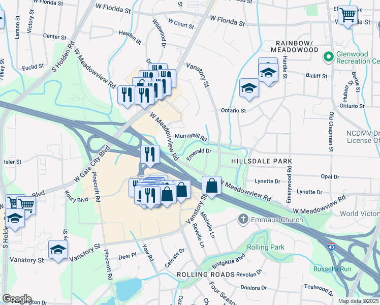 map of restaurants, bars, coffee shops, grocery stores, and more near 2516 Emerald Drive in Greensboro