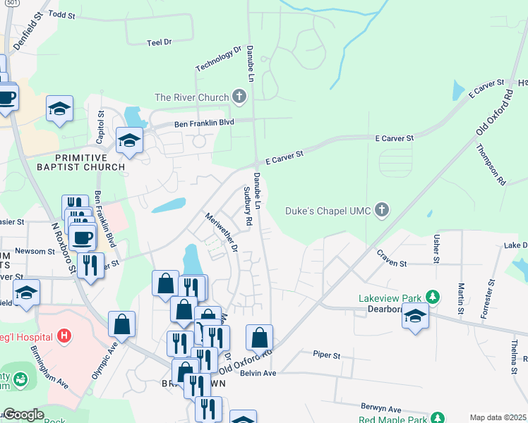 map of restaurants, bars, coffee shops, grocery stores, and more near 3806 Danube Lane in Durham