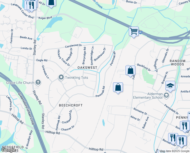 map of restaurants, bars, coffee shops, grocery stores, and more near 2200 Creekwood Drive in Greensboro