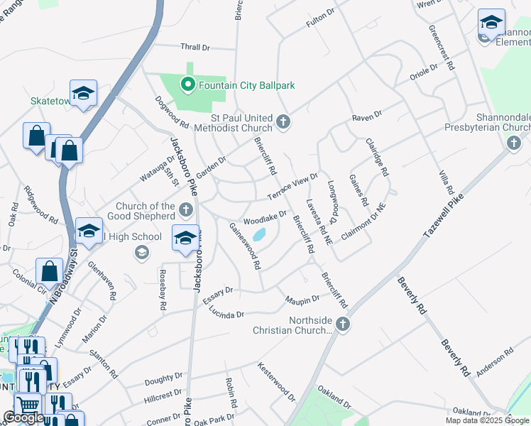 map of restaurants, bars, coffee shops, grocery stores, and more near 3811 Woodlake Drive in Knoxville