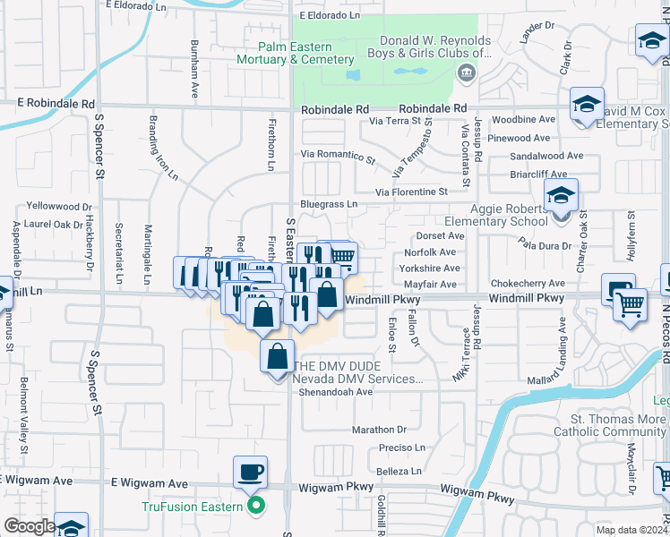 map of restaurants, bars, coffee shops, grocery stores, and more near 2538 Begonia Valley Avenue in Henderson
