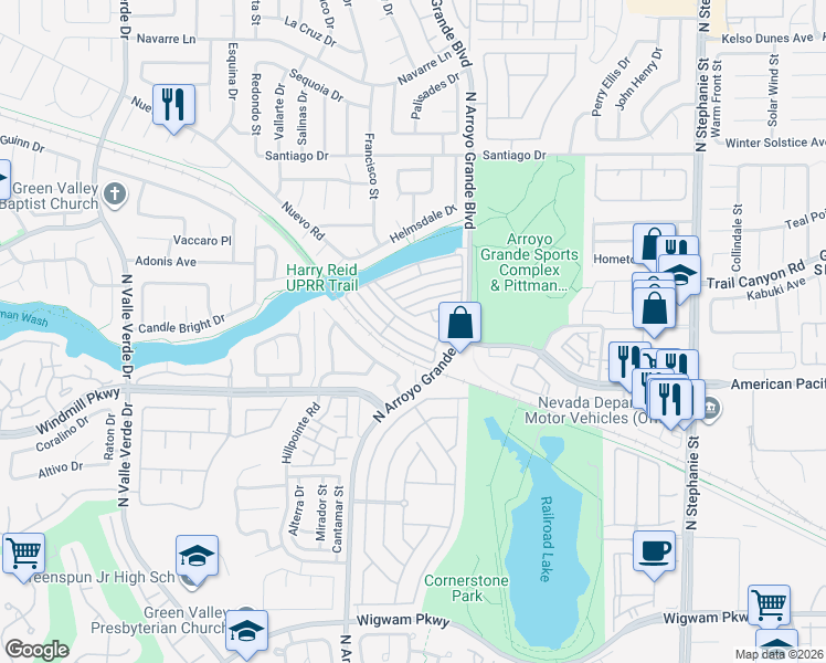 map of restaurants, bars, coffee shops, grocery stores, and more near 1613 Cave Spring Drive in Henderson