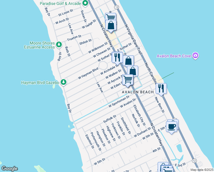 map of restaurants, bars, coffee shops, grocery stores, and more near 313 West Aycock Street in Kill Devil Hills