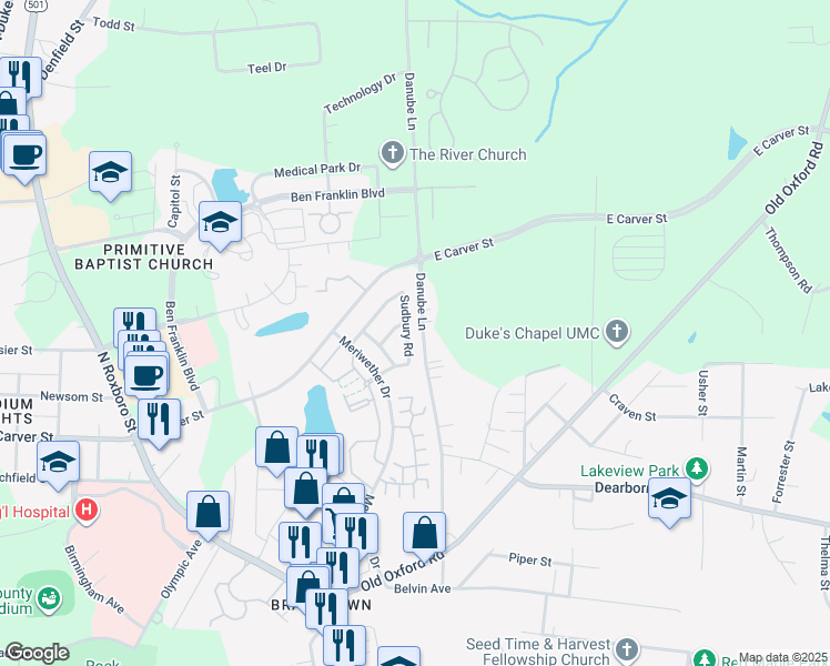 map of restaurants, bars, coffee shops, grocery stores, and more near 3806 Danube Lane in Durham