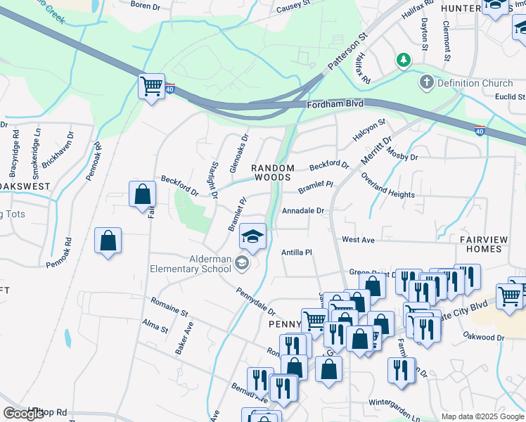map of restaurants, bars, coffee shops, grocery stores, and more near 1914 Amber Lane in Greensboro