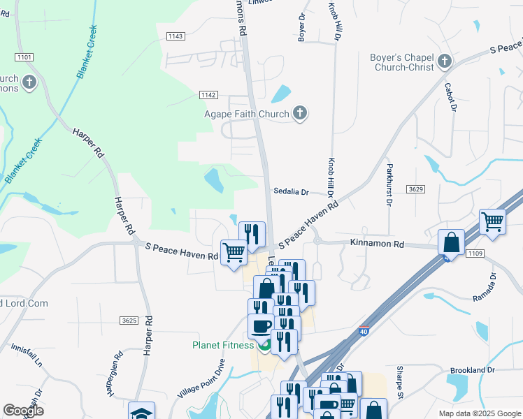 map of restaurants, bars, coffee shops, grocery stores, and more near 2220 Lewisville Clemmons Road in Clemmons