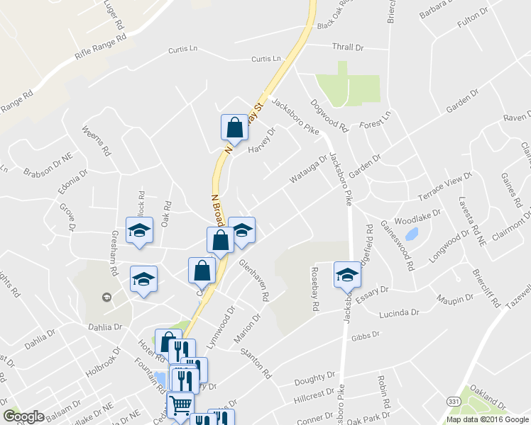 map of restaurants, bars, coffee shops, grocery stores, and more near 310 Watauga Drive in Knoxville