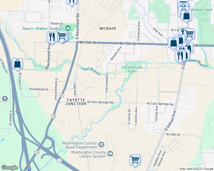 map of restaurants, bars, coffee shops, grocery stores, and more near 1824 South Garland Avenue in Fayetteville