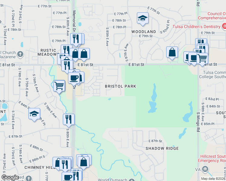 map of restaurants, bars, coffee shops, grocery stores, and more near 8320 South 87th East Avenue South in Tulsa