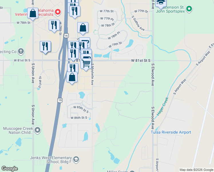 map of restaurants, bars, coffee shops, grocery stores, and more near 8155 South Maybelle Avenue in Tulsa