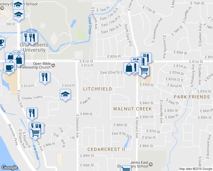 map of restaurants, bars, coffee shops, grocery stores, and more near 8245 South College Place in Tulsa