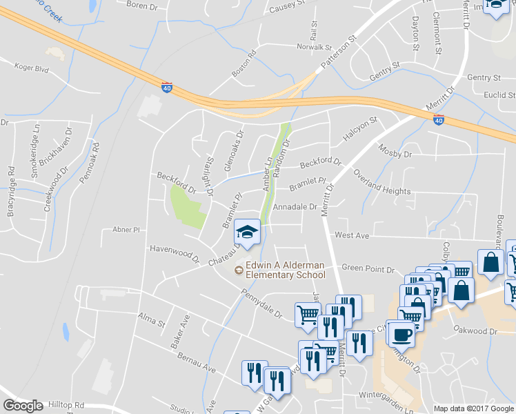 map of restaurants, bars, coffee shops, grocery stores, and more near 1914 Amber Lane in Greensboro