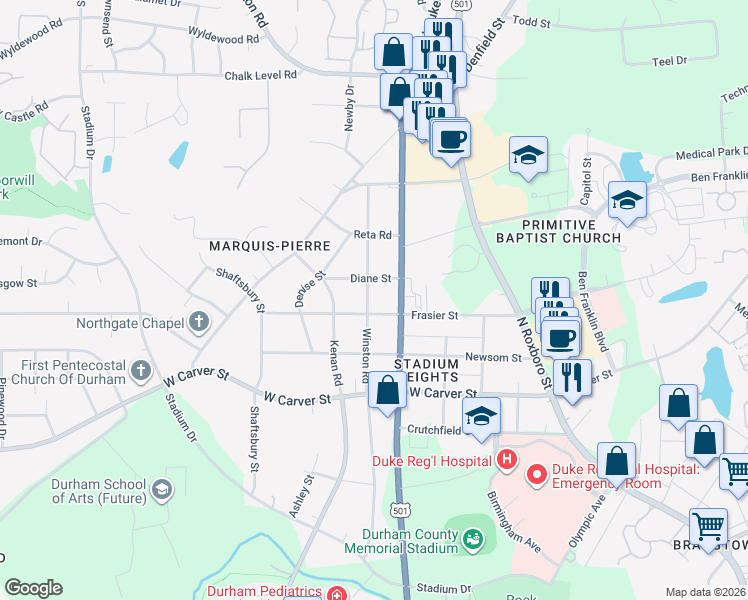 map of restaurants, bars, coffee shops, grocery stores, and more near 3204 Winston Road in Durham