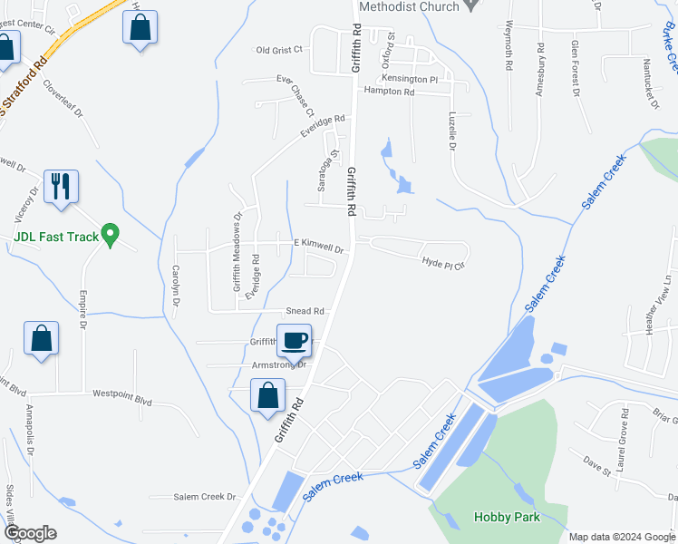 map of restaurants, bars, coffee shops, grocery stores, and more near 2389 Hartfield Circle in Winston-Salem