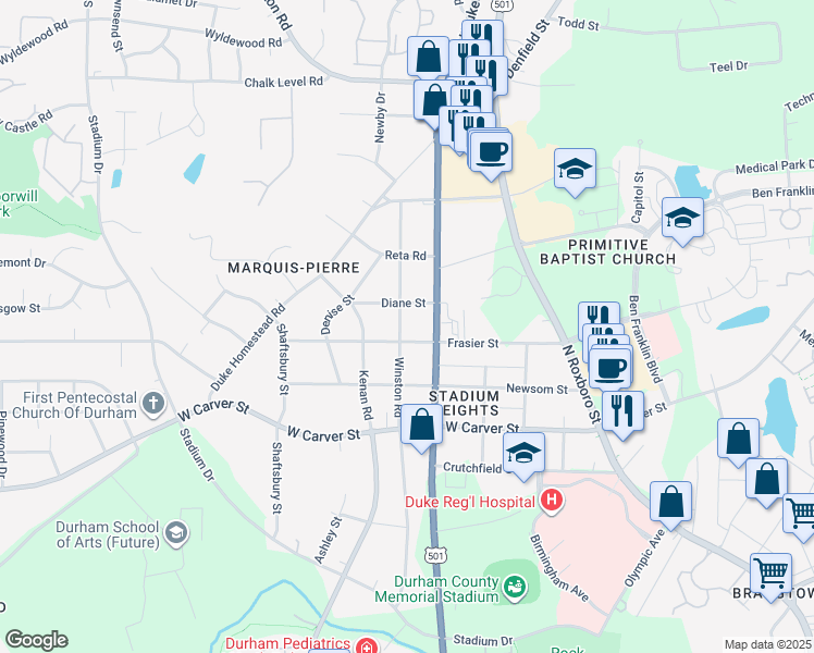map of restaurants, bars, coffee shops, grocery stores, and more near 3204 Winston Road in Durham