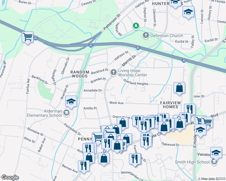 map of restaurants, bars, coffee shops, grocery stores, and more near 1929 Vantage Point Place in Greensboro