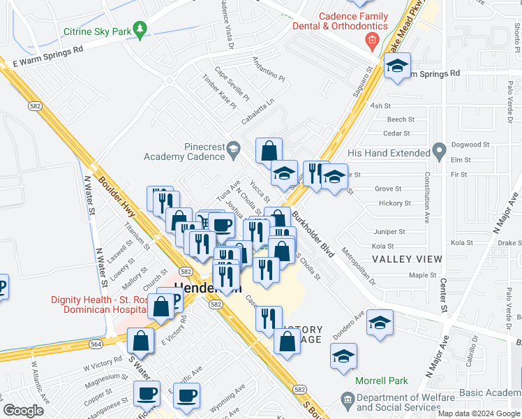 map of restaurants, bars, coffee shops, grocery stores, and more near 102 North Cholla Street in Henderson