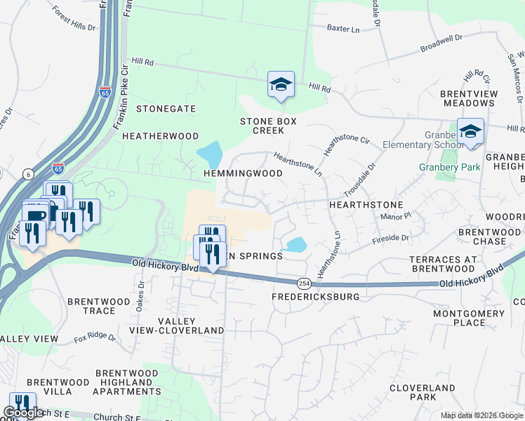 map of restaurants, bars, coffee shops, grocery stores, and more near 5404 Hearthstone Lane in Brentwood