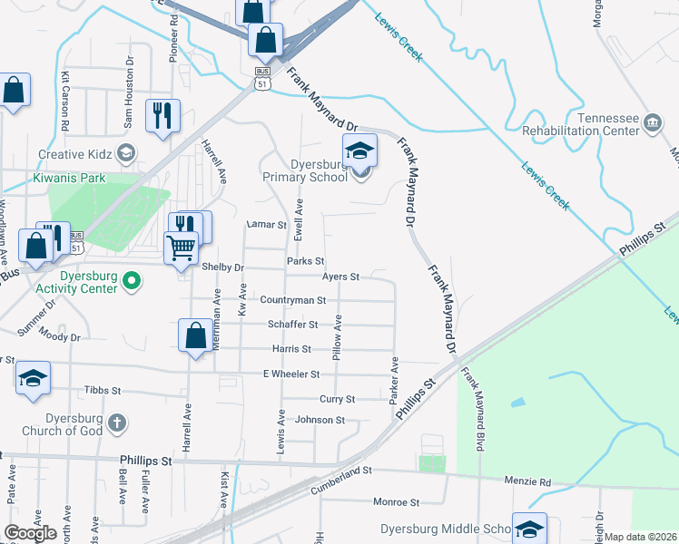 map of restaurants, bars, coffee shops, grocery stores, and more near 1810 Ayers Street in Dyersburg