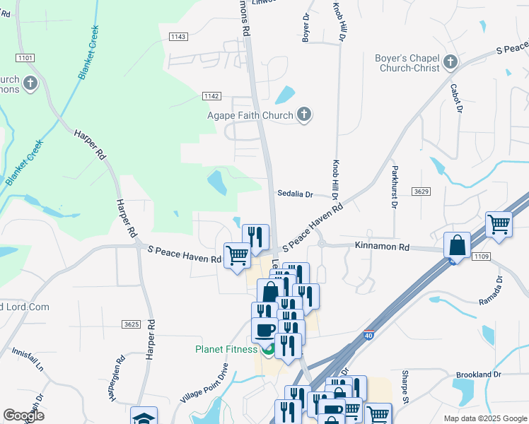 map of restaurants, bars, coffee shops, grocery stores, and more near 2220 Lewisville Clemmons Road in Clemmons