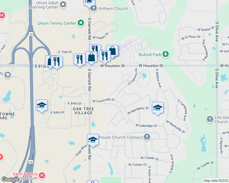map of restaurants, bars, coffee shops, grocery stores, and more near 1020 South Desert Palm Avenue in Broken Arrow