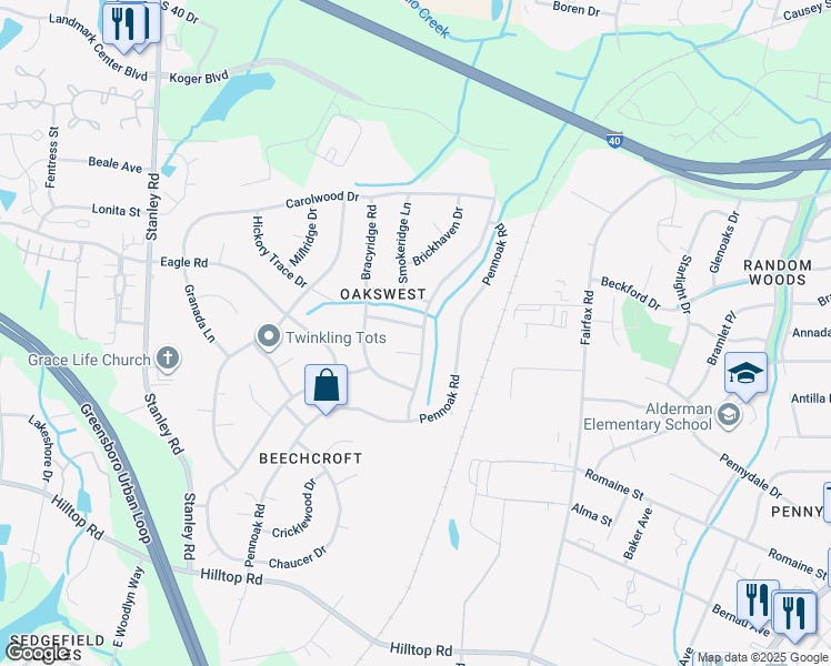 map of restaurants, bars, coffee shops, grocery stores, and more near 2200 Creekwood Drive in Greensboro