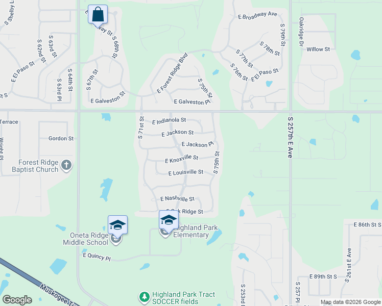 map of restaurants, bars, coffee shops, grocery stores, and more near 7408 East Knoxville Street in Broken Arrow
