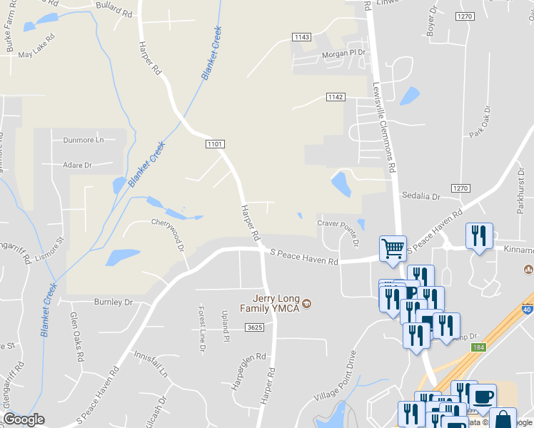 map of restaurants, bars, coffee shops, grocery stores, and more near Bryan Terrace in Clemmons