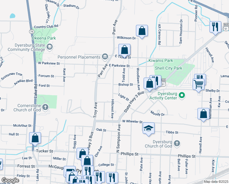 map of restaurants, bars, coffee shops, grocery stores, and more near 300 Light Street in Dyersburg