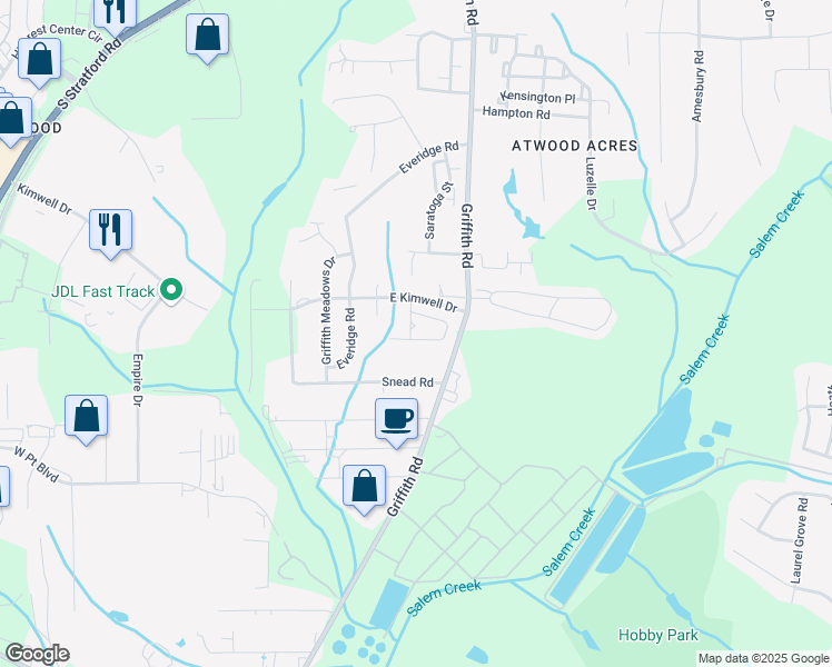 map of restaurants, bars, coffee shops, grocery stores, and more near 2310 Hartfield Circle in Winston-Salem