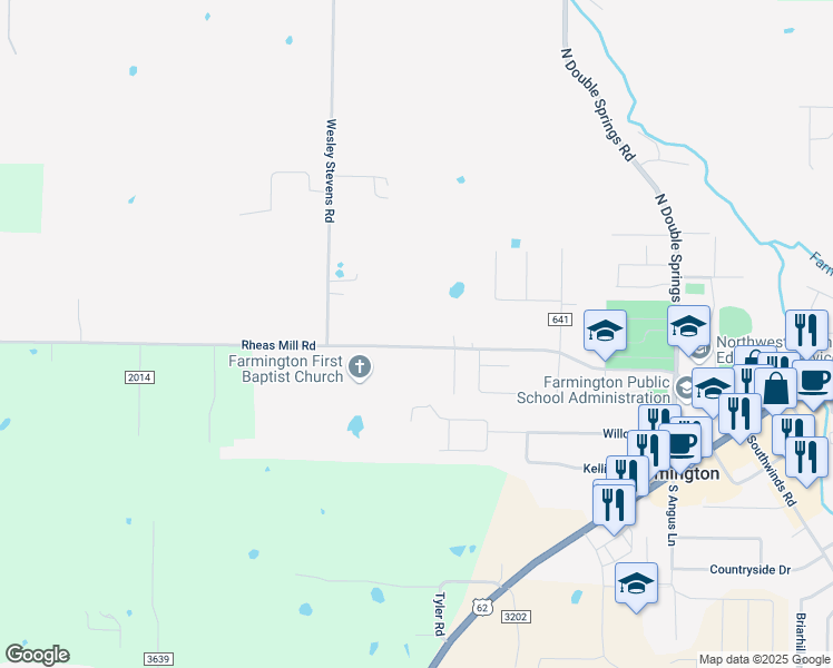 map of restaurants, bars, coffee shops, grocery stores, and more near 530 Rheas Mill Road in Farmington