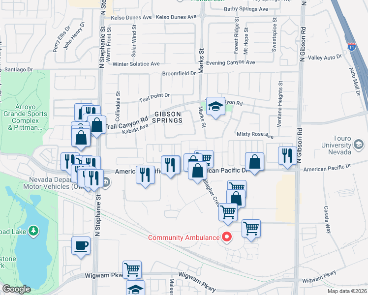 map of restaurants, bars, coffee shops, grocery stores, and more near 214 Twin Creek in Henderson
