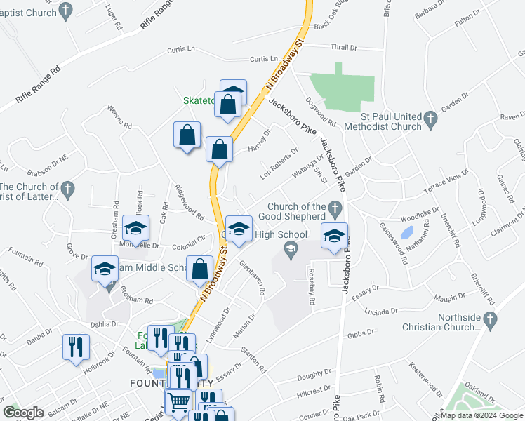 map of restaurants, bars, coffee shops, grocery stores, and more near 310 Watauga Drive in Knoxville