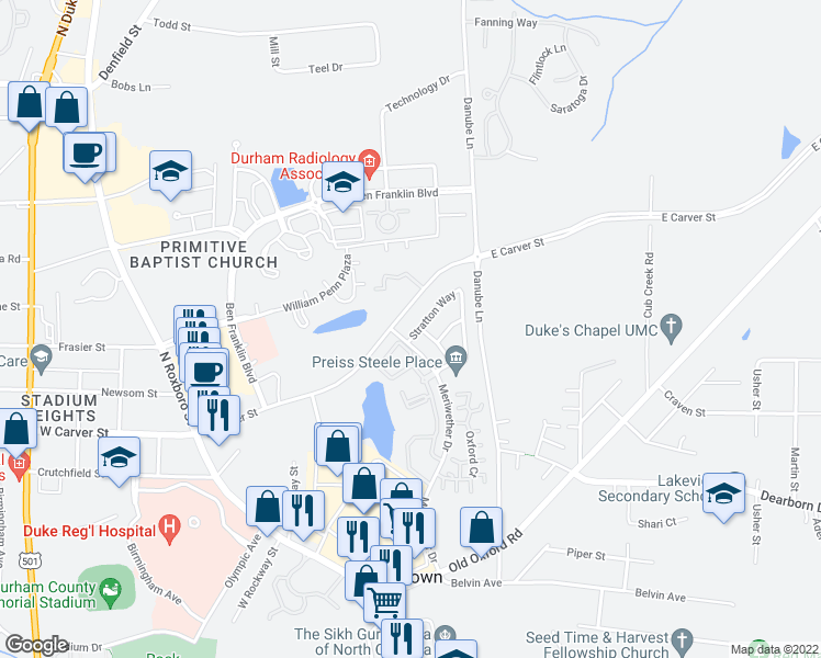 map of restaurants, bars, coffee shops, grocery stores, and more near 503 Stratton Way in Durham