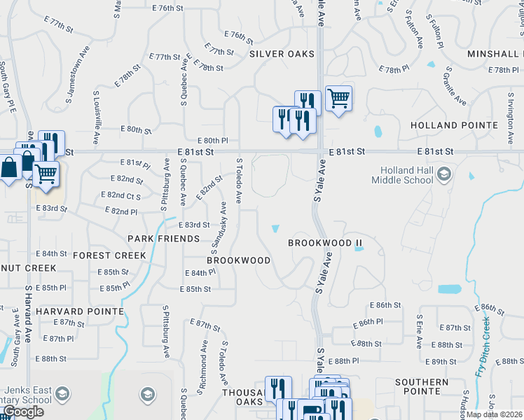 map of restaurants, bars, coffee shops, grocery stores, and more near 8219 South Urbana Avenue in Tulsa