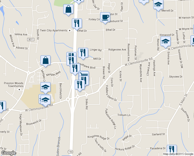 map of restaurants, bars, coffee shops, grocery stores, and more near 1000 Spach Dr in Winston-Salem