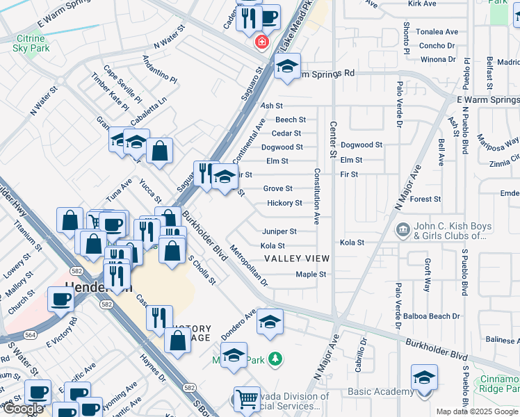 map of restaurants, bars, coffee shops, grocery stores, and more near 124 Ivy Street in Henderson