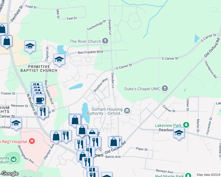 map of restaurants, bars, coffee shops, grocery stores, and more near 4018 Sudbury Road in Durham