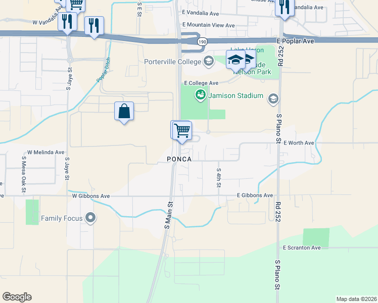 map of restaurants, bars, coffee shops, grocery stores, and more near 1236 South Main Street in Porterville
