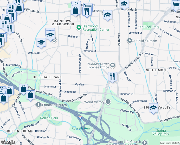 map of restaurants, bars, coffee shops, grocery stores, and more near 1930 Murrayhill Road in Greensboro