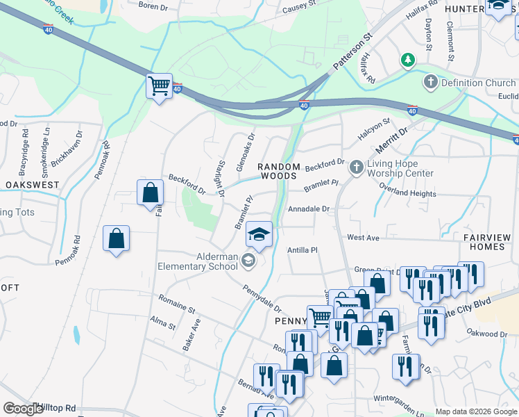 map of restaurants, bars, coffee shops, grocery stores, and more near 4204 Wayward Drive in Greensboro