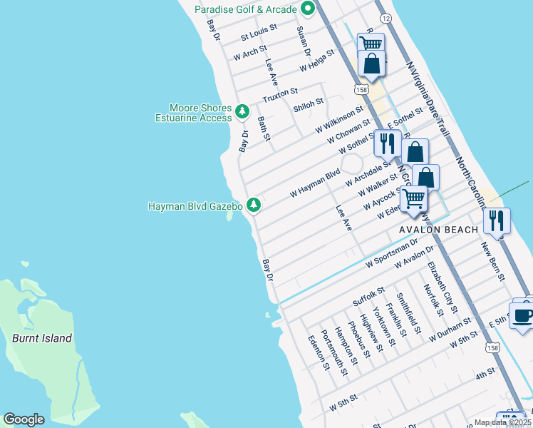 map of restaurants, bars, coffee shops, grocery stores, and more near 601 Hayman Boulevard in Kill Devil Hills