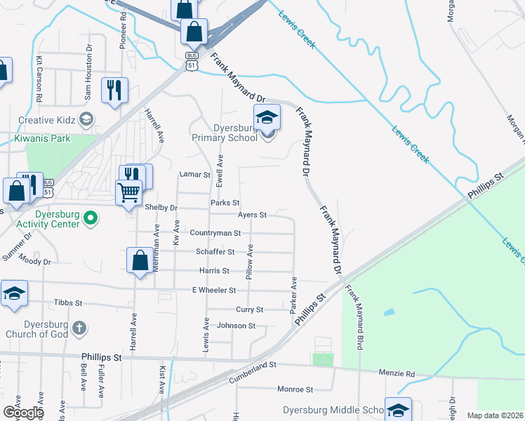 map of restaurants, bars, coffee shops, grocery stores, and more near 1822 Ayers Street in Dyersburg