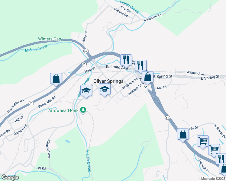map of restaurants, bars, coffee shops, grocery stores, and more near 405 Winter Gap Rd in Oliver Springs
