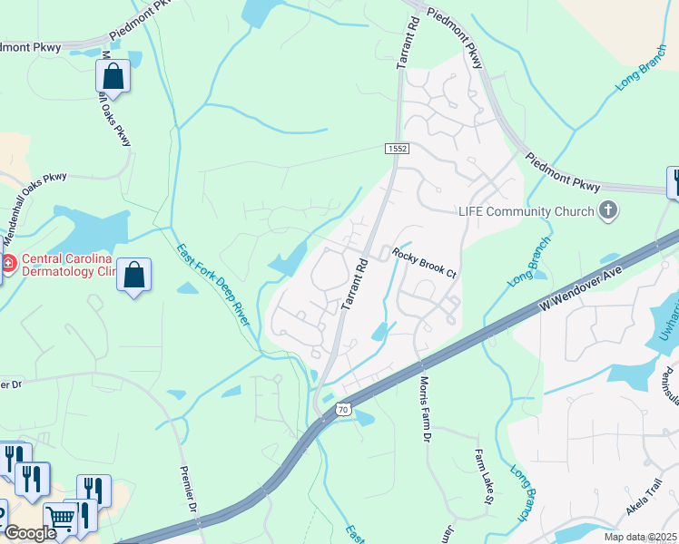 map of restaurants, bars, coffee shops, grocery stores, and more near 4215 River Birch Loop in Greensboro