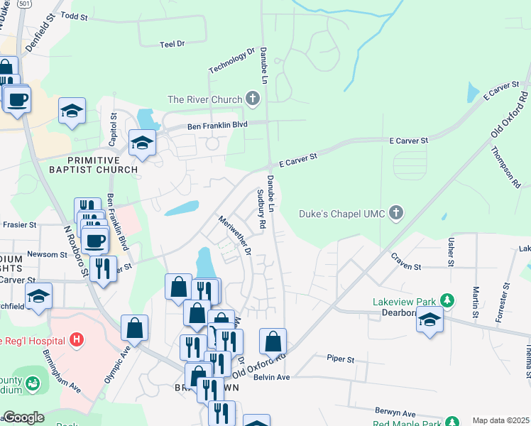map of restaurants, bars, coffee shops, grocery stores, and more near 3806 Danube Lane in Durham